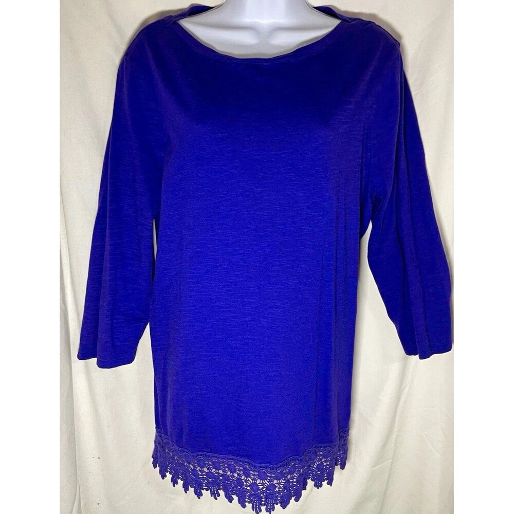 Chico’s Women’s Purple 100% Cotton Knit Scoop Neck 3/4 Sleeve Crochet Top 3